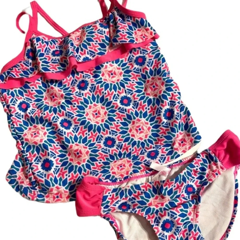 PSNY EUC GIRLS BATHING SUIT SWIMSUIT TOP BOTTOM PINK BLUE SUMMER BEACH SIZE 8